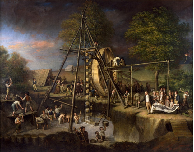 Painting of a fossil quarry with many people working.