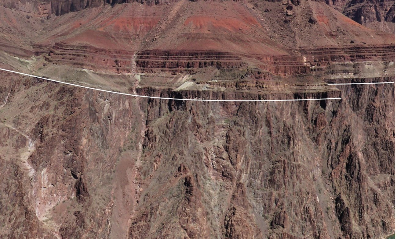 Fig 19 Great Nonconformity trimmed Photo of cliff with a line showing a geologic contact.