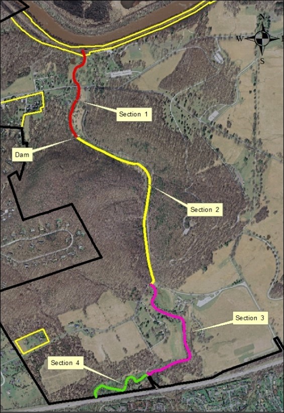 a top down aerial view of the creek with 4 numbered sections highlighted in different colors