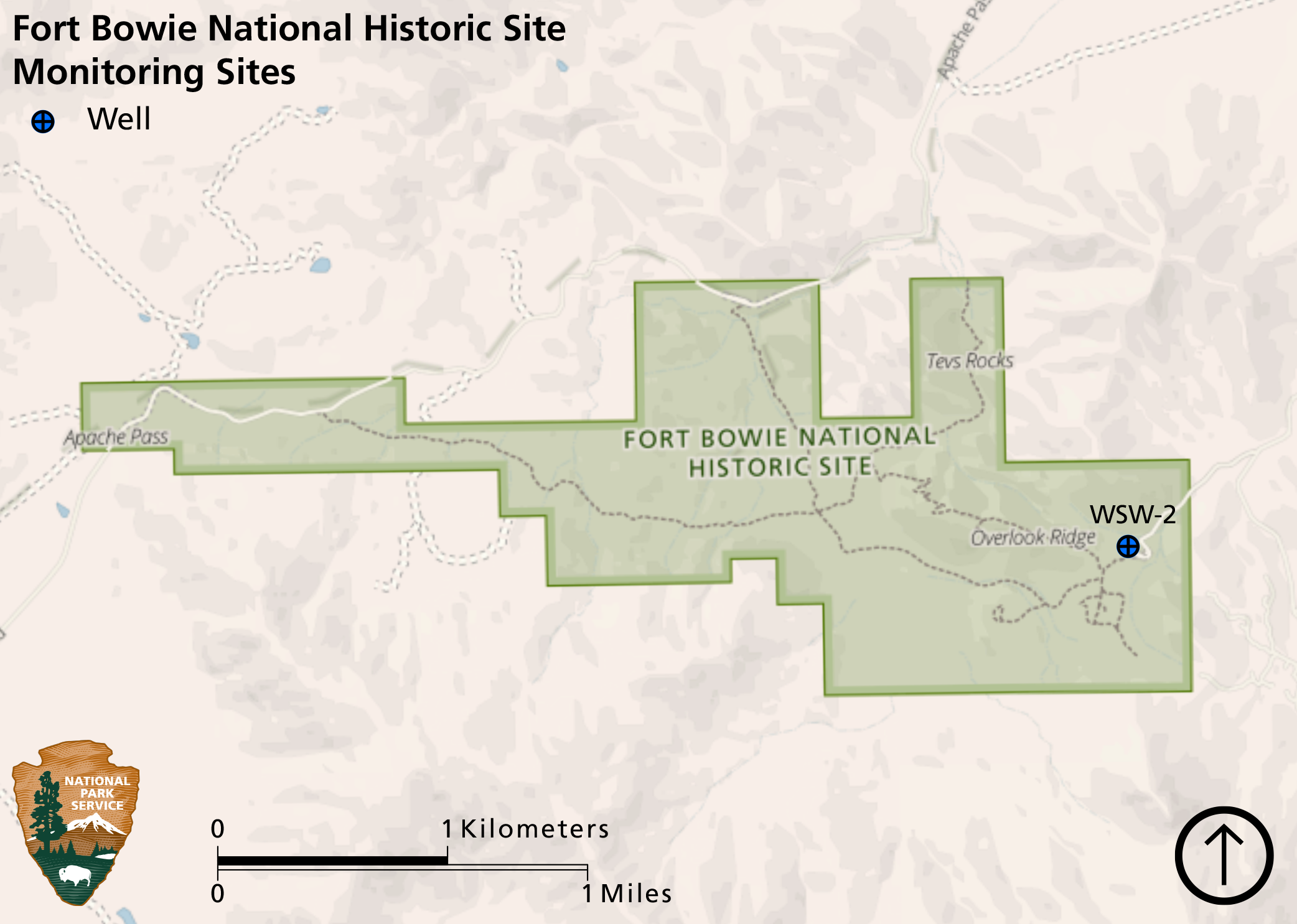 Map of Fort Bowie National Historic Site showing the groundwater monitoring well inside the park about one-third kilometer from the park’s west entrance.