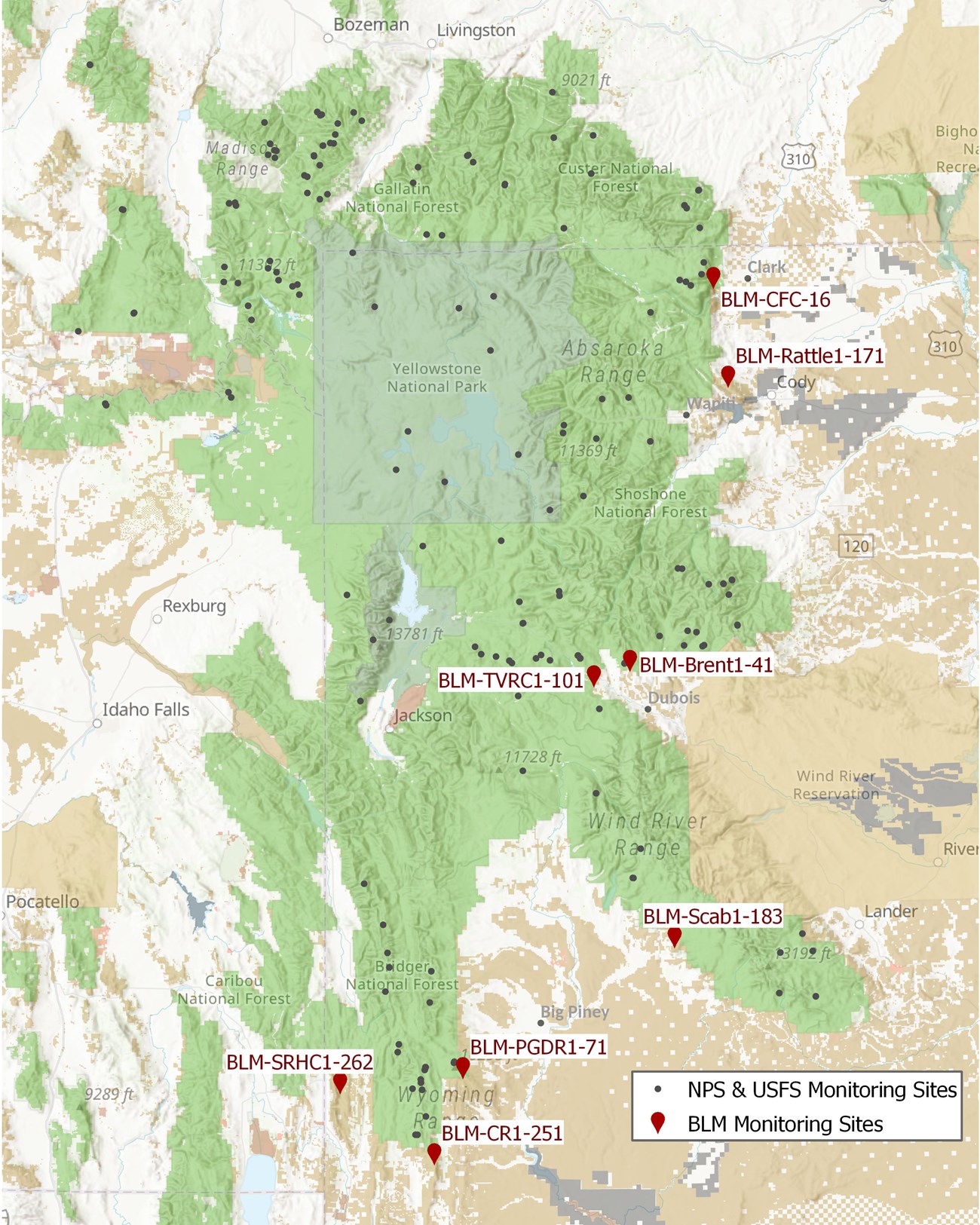 Map of Greater Yellowstone Ecosystem showing study area sites.