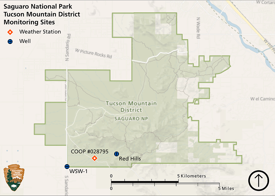 Map of two groundwater wells and a weather station in the southwestern part of Tucson Mountain District.