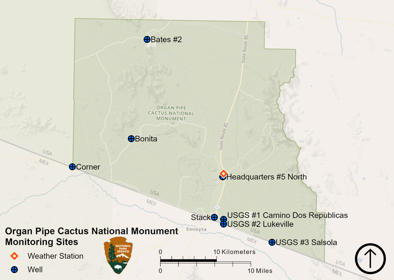 Map of Organ Pipe Cactus National Monument showing location of weather station and groundwater monitoring wells.
