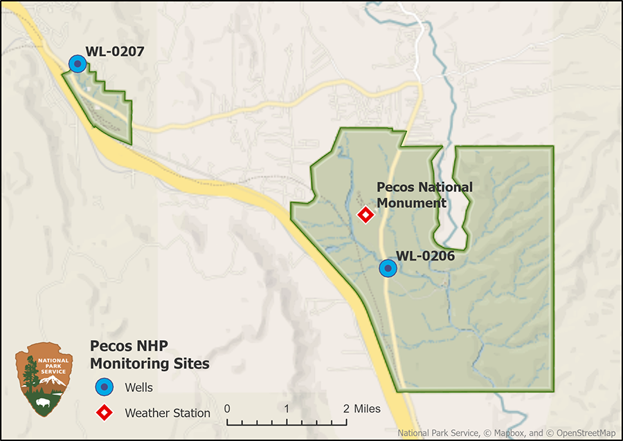 Map of the park showing two groundwater wells, one in each unit, and a weather station in the main unit.