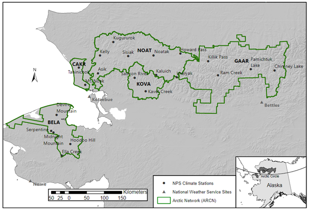 Map showing the locations of climate stations across Arctic parks.