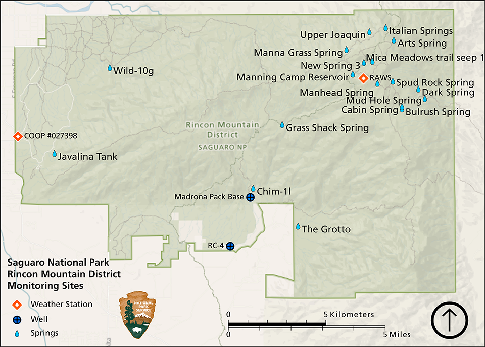 Map of two wells in the southern end of Rincon Mountain District, a weather station in the west near the visitor center, a weather station in the mountains near Manning Camp on the northeast side, and monitored springs.