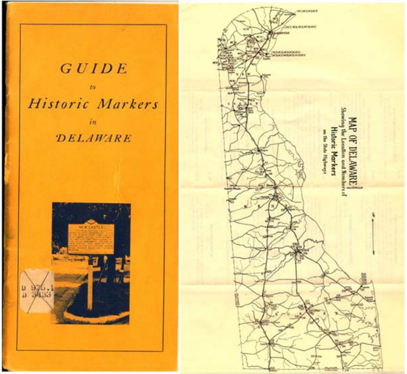 Narrow yellow book titled Guide to Historic Markers in Delaware. Single page with map of Delaware.