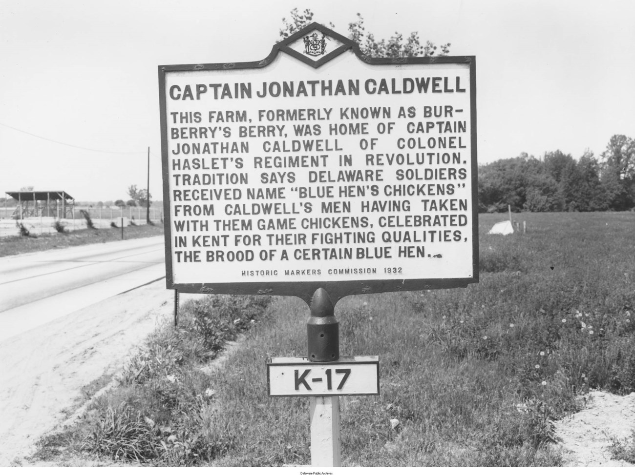 Historic Markers Commission, 1932, sign K-17 about Captain Jonathan Caldwell.