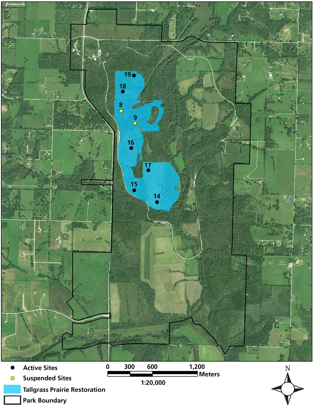 A map of Wilson's Creek National Battlefield showing the tallgrass prairie restoration area and six monitoring sites numbered 15, 16, 17, 18, and 19 and two suspended monitoring sites numbered 8 and 9.