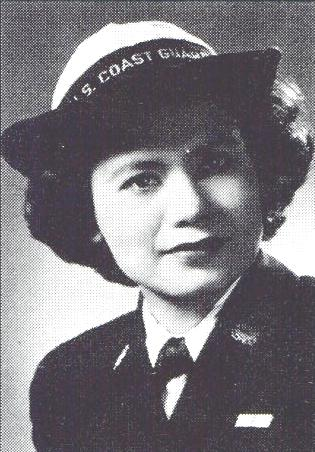 Black and white photo of a young Filipina-American woman in a US Coast Guard Uniform