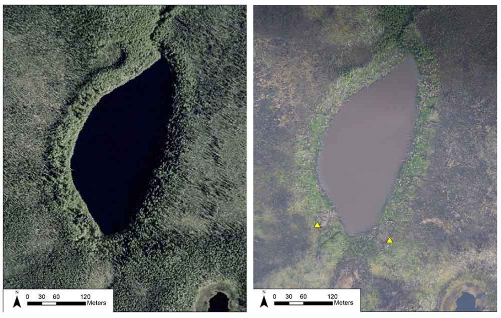 A comparison of a lake pre and post fire.