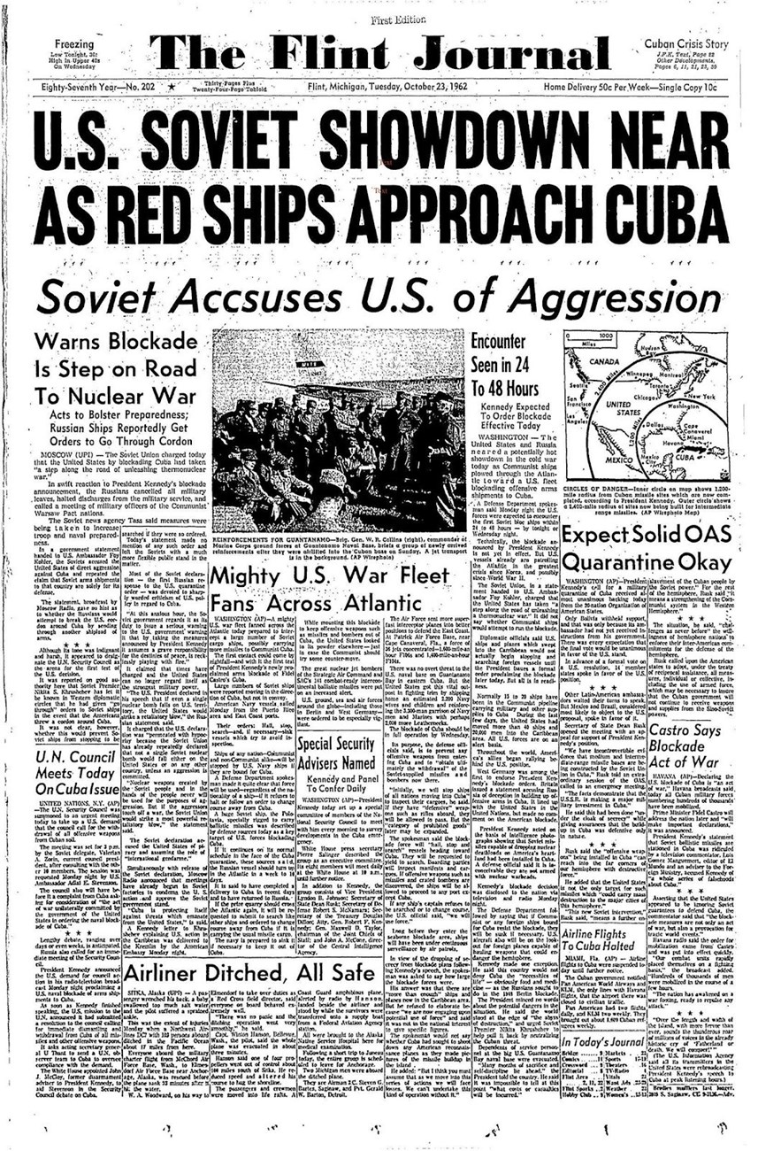 Flint Journal Headline from October 23, 1962 in regards to the Cuban Missile Crisis