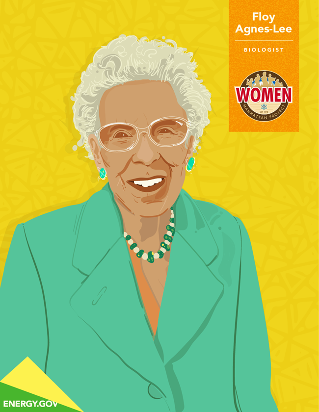 Created by the Department of Energy Colorful drawing of a white haired woman smiling with turquoise glasses and a blazer