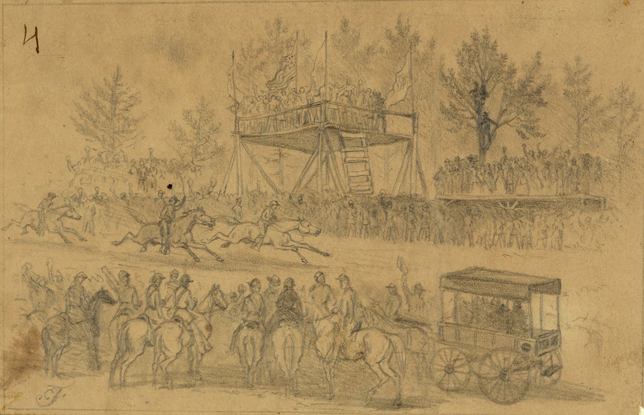 Irish Brigade Steeple Chase Grand Stand Pencil sketch of a wooden grand stand structure with dignitaries on top watching a horse race.