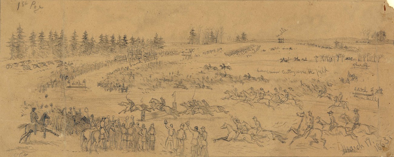 Irish Brigade Steeplechase A pencil drawing of a horse race track with hundreds of onlookers.