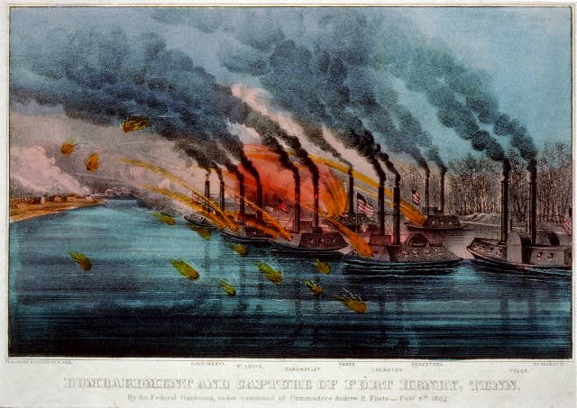 Print of gunboats firing over river