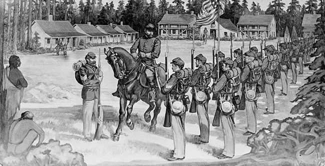 Drawing of soldiers standing at attention and being inspected by an officer on horseback