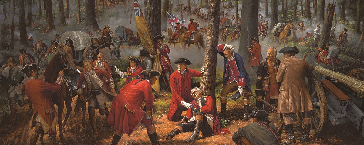 A wounded officer sits, leaning against a tree and grasping his side in pain, at the center of this painting. Several uniformed men and a Native warrior gather around him as soldiers, horses, and wagons bearing British flags rush forward.