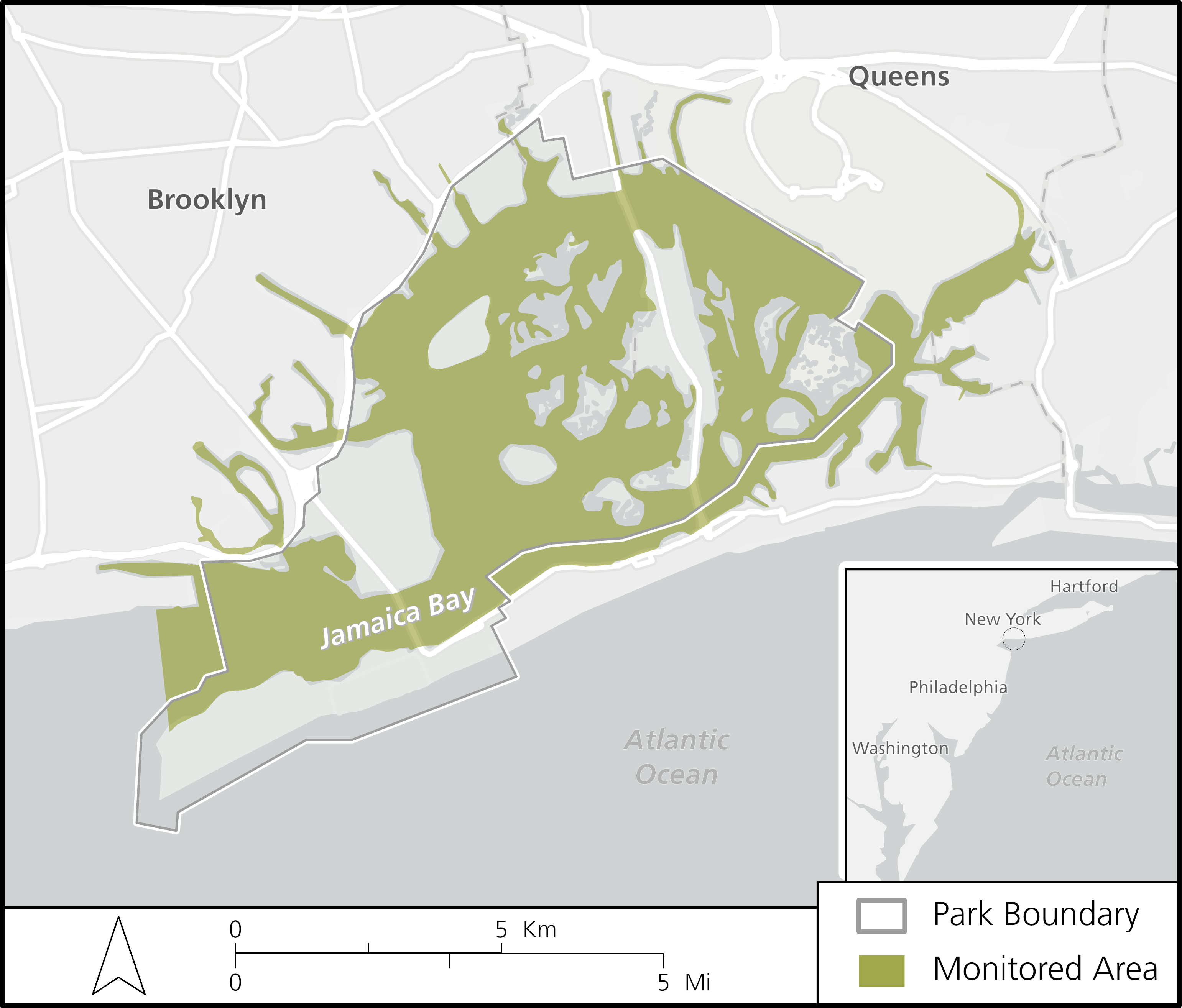 Map of the Gateway National Recreation Area estuarine systems which are monitored for nutrient enrichment, and located in the Jamaica Bay Unit, New York.