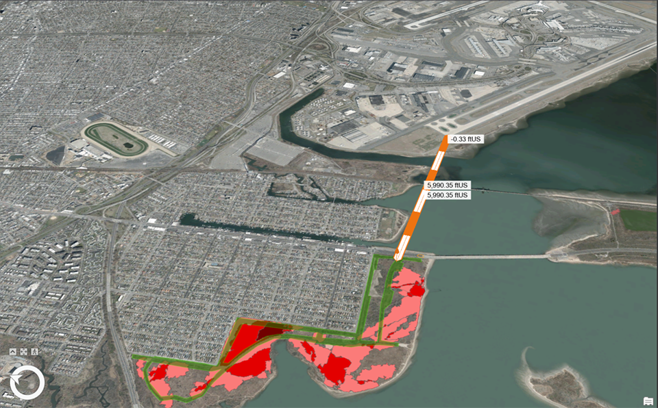 Map of Gateway National Recreation Area overlaid with recent wildfire perimeters and measurement of distance from treatment area to John F Kennedy Airport runways.