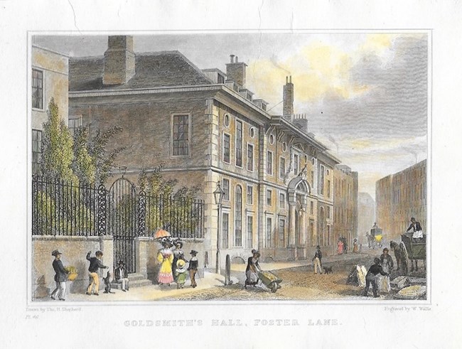 A hand colored engraving of Goldsmith's Hall with many people on the street.