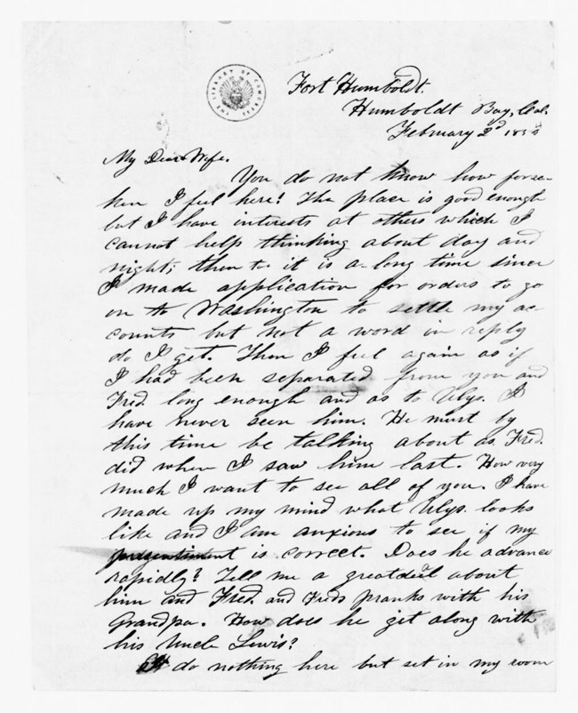 Letter that Grant wrote to Julia while at Fort Humboldt