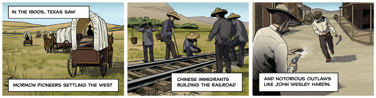 Three panels show: A wagon train crosses the plains. Chinese railroad workers align steel rails across wooden ties as another worker carries water. A pair of gungfighters are on a deserted street, one fires, the other clutches his stomach, drops pistol. Three panels show: A wagon train crosses the plains. Chinese railroad workers align steel rails across wooden ties as another worker carries water. A pair of gungfighters are on a deserted street, one fires, the other clutches his stomach, drops pistol.