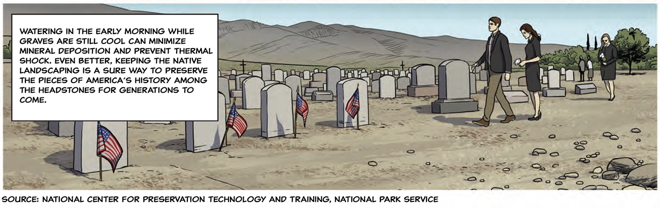 A trio of mourners walk through a dry Southwestern graveyard, flags marking veteran graves. A trio of mourners walk through a dry Southwestern graveyard, flags marking veteran graves.