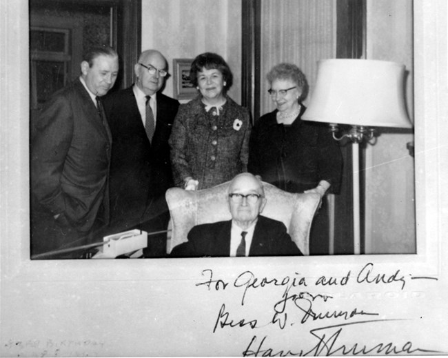 Harry S Truman, Bess Wallace Truman and friends visiting 219 North Delaware Street, 1967 Group of visitors gathered around Harry and Bess Wallace Truman