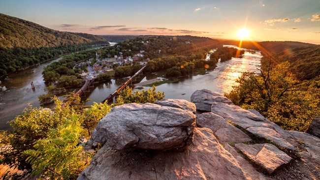 View of Harpers Ferry from atop Maryland Heights as the sun sets.