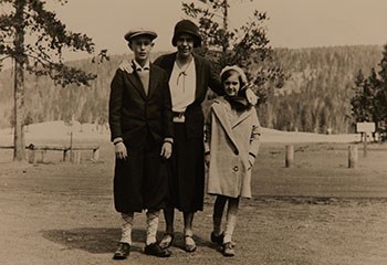 Grace Albright with son Robert and daughter Marion, at Old Faithful in Yellowstone.