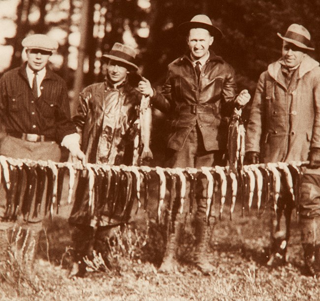 Catch of the day Four men stand behind of string of fish showing off their catch.