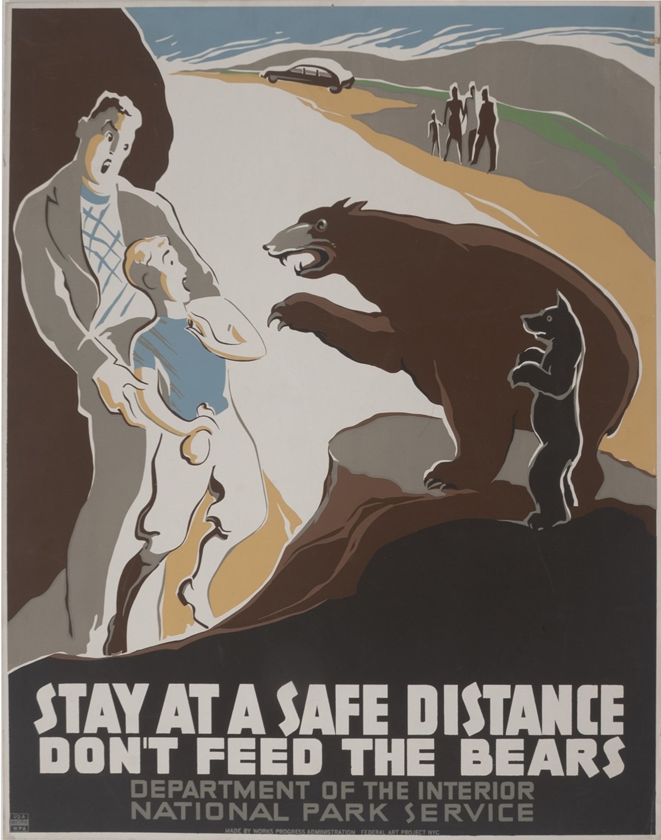 Stay a safe distance poster Bear and cub aggressively trying to get food from man and boy