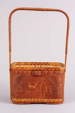 lt= A birch bark basket etched with images of native life.