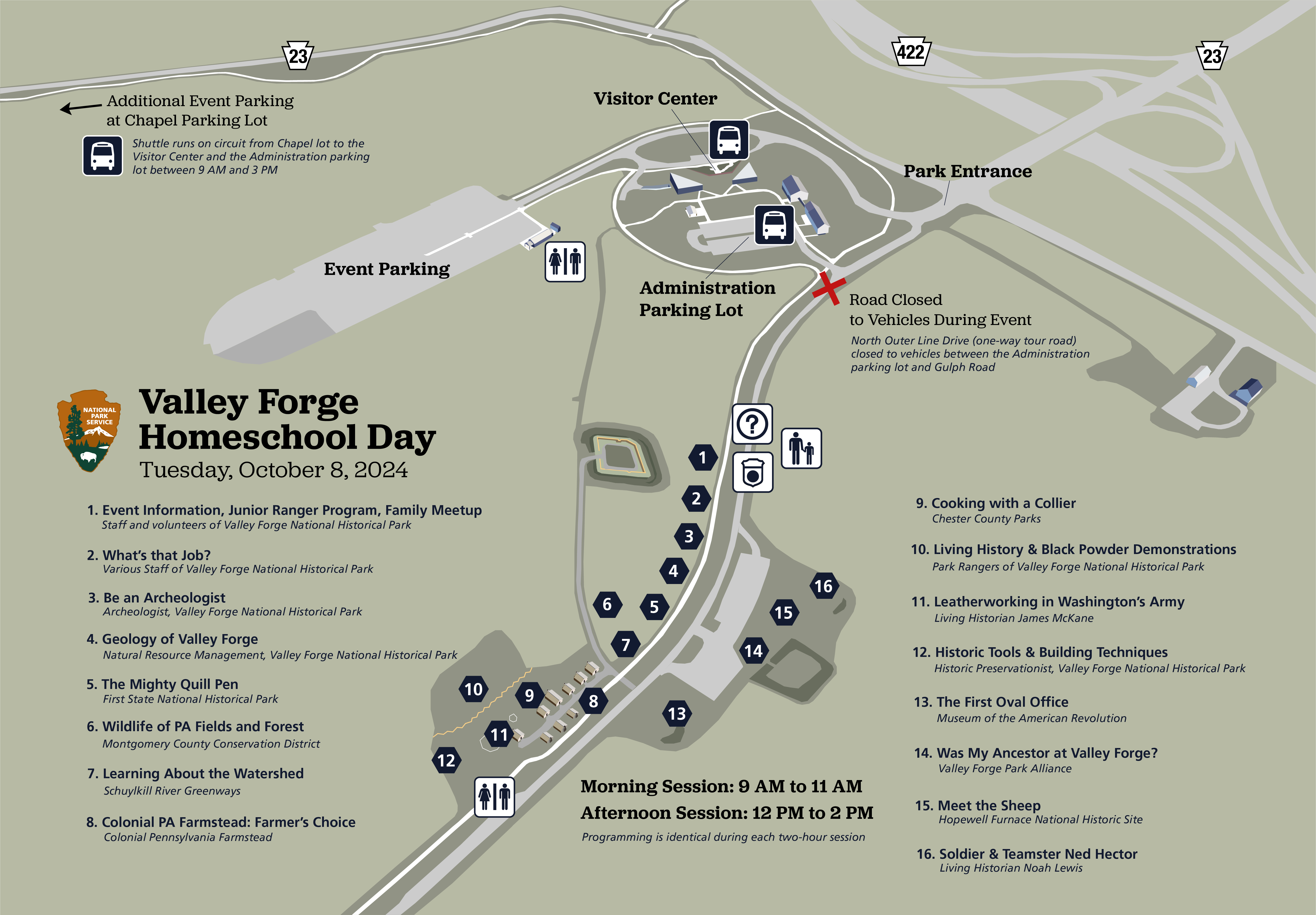 Map graphic showing an aerial view of the visitor center and lower parking lot and the Muhlenberg Brigade log huts. Numbers indicate the location and titles of Homeschool Day activity stations near Muhlenberg's Brigade.