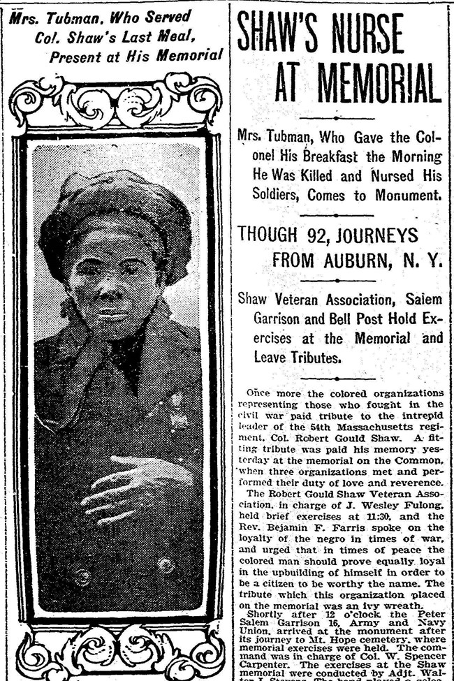 Newspaper clipping of a portrait of Harriet Tubman and the Headline "Shaw's Nurse at Memorial."