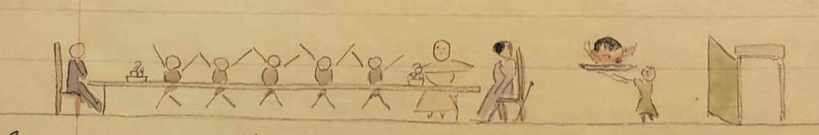 Child's drawing of eight figures seated at a long table and figure carrying plum pudding
