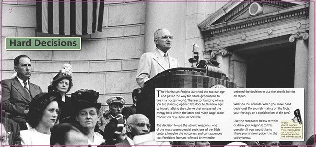 Hard Decisions An exhibit panel with text and a man standing at a podium surrounded by seated people.