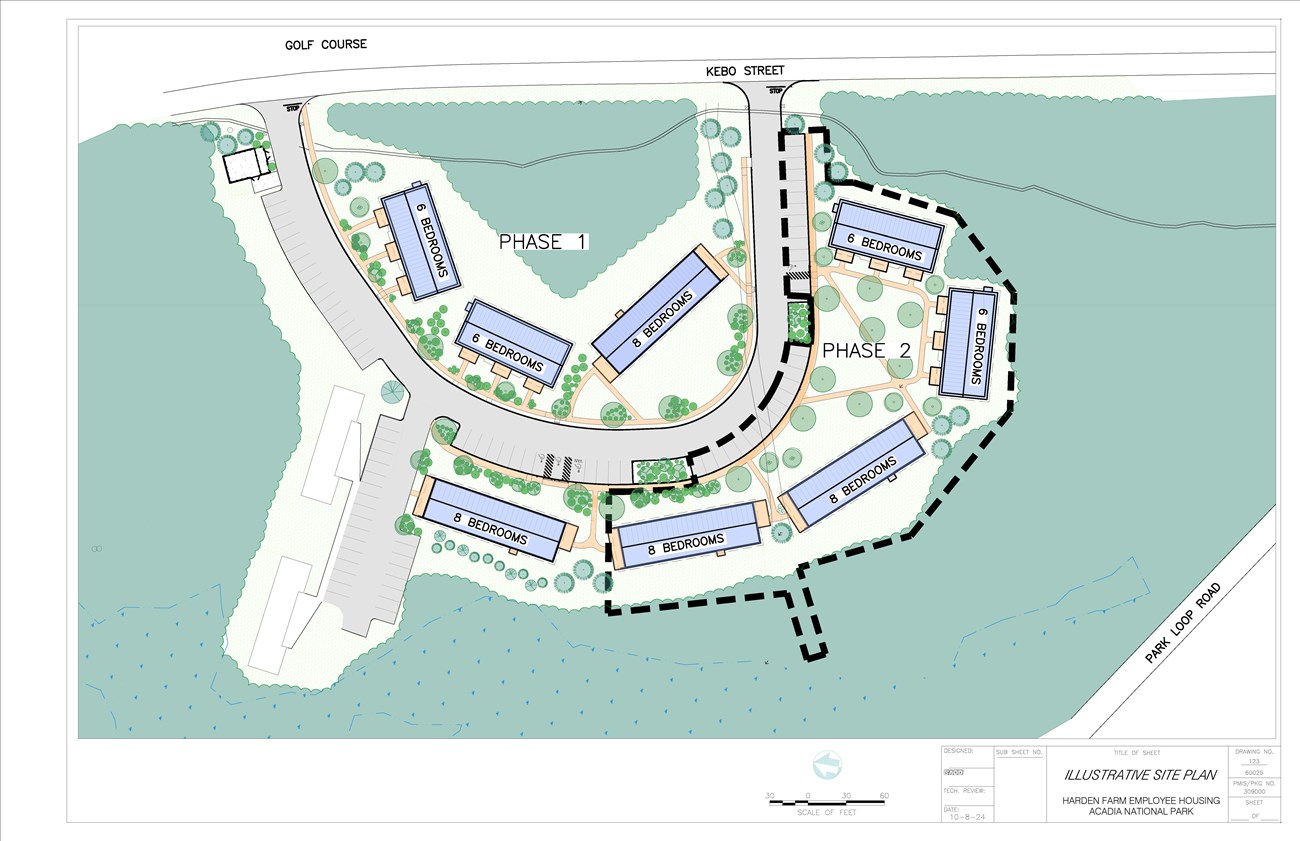 Artistic drawing of a new employee housing development complex near park headquarters.