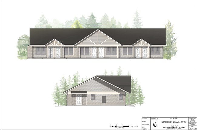 Artistic illustrated drawing of the outdoor exterior of employee housing units.