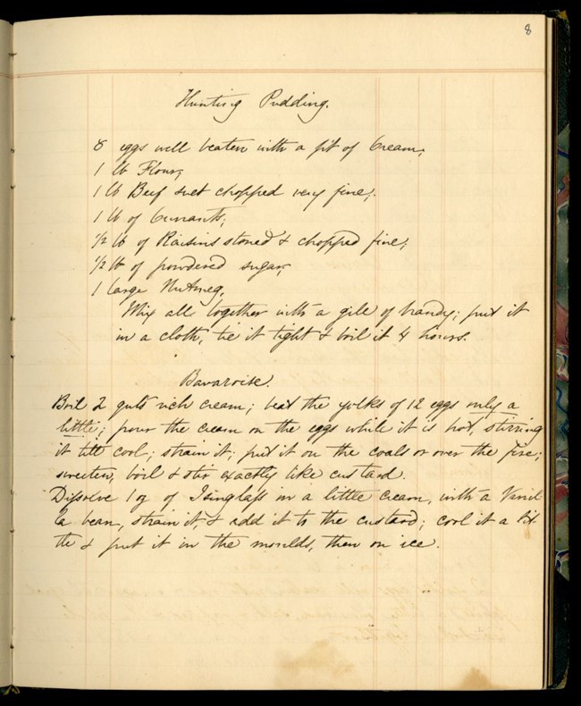 handwritten recipes for Hunting Pudding and Bavaroise in bound book