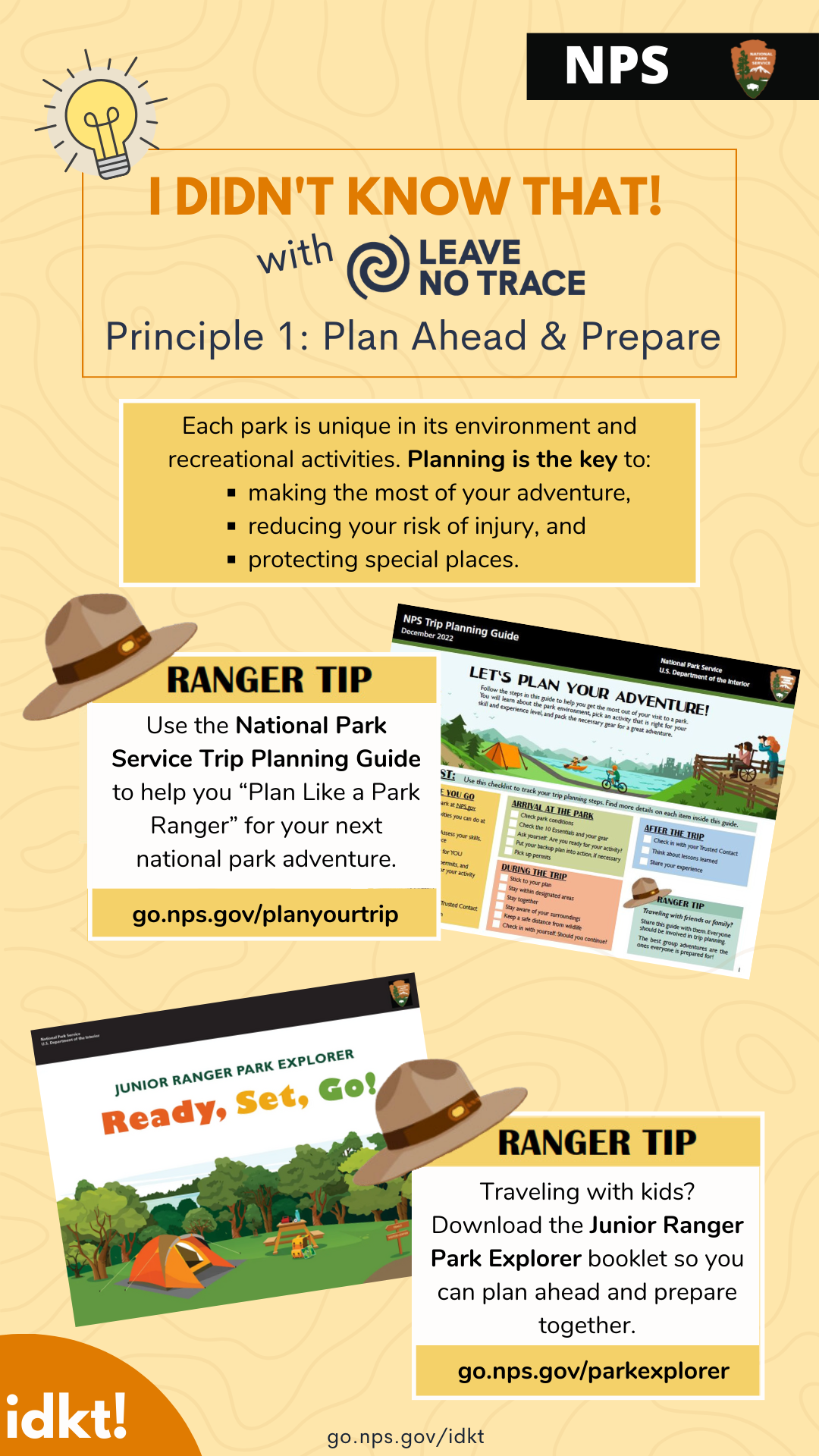 An infographic for "I Didn't Know That! with Leave No Trace Principle 1: Plan Ahead and Prepare" with Ranger tips