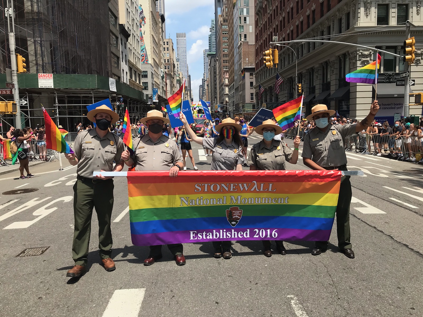 The Park Rangers are the only uniforms allowed in a small parade going down  W4th Street as thousands celebrate Gay Pride in New York City on June 27,  2021. With many New