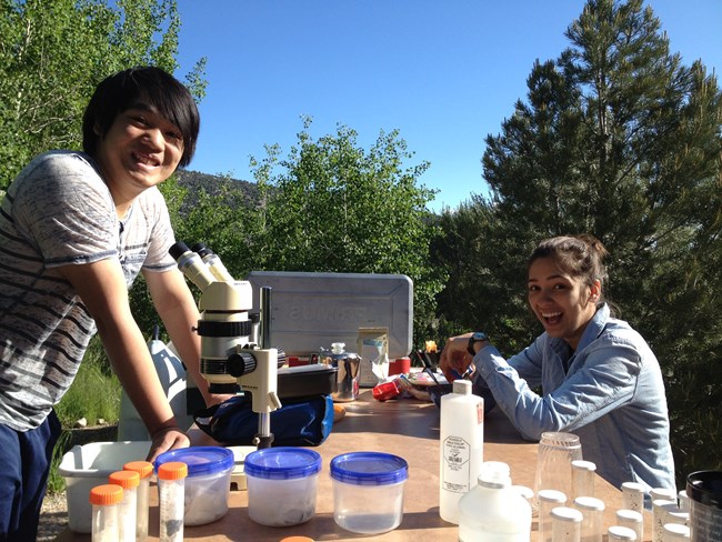 Two volunteers with their makeshift lab on a picnic table.