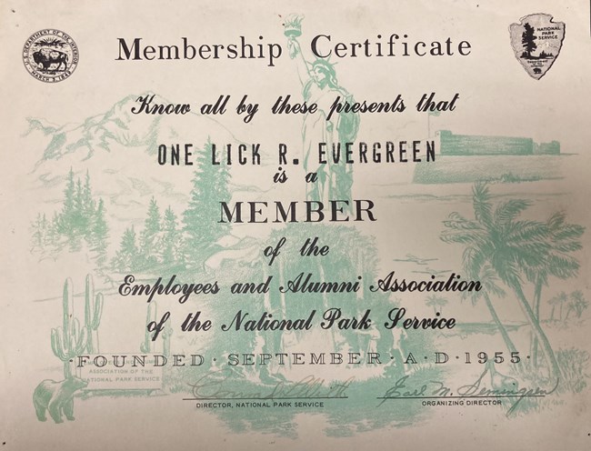 Membership certificate for One Lick Evergreen to the NPS Employee and Alumni Association