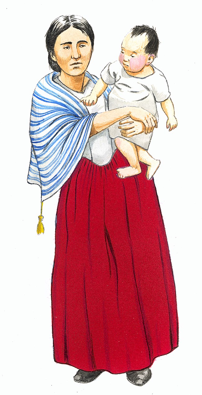 Spanish woman in red skirt and shawl holds infant on hip.