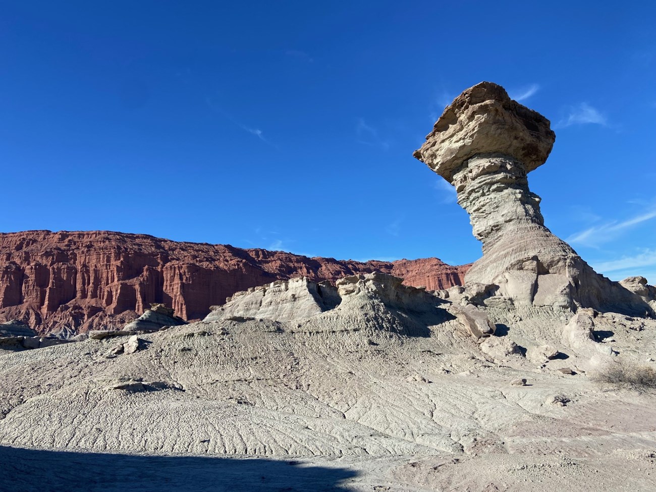 Photo of a balanced rock in a desert canyon.