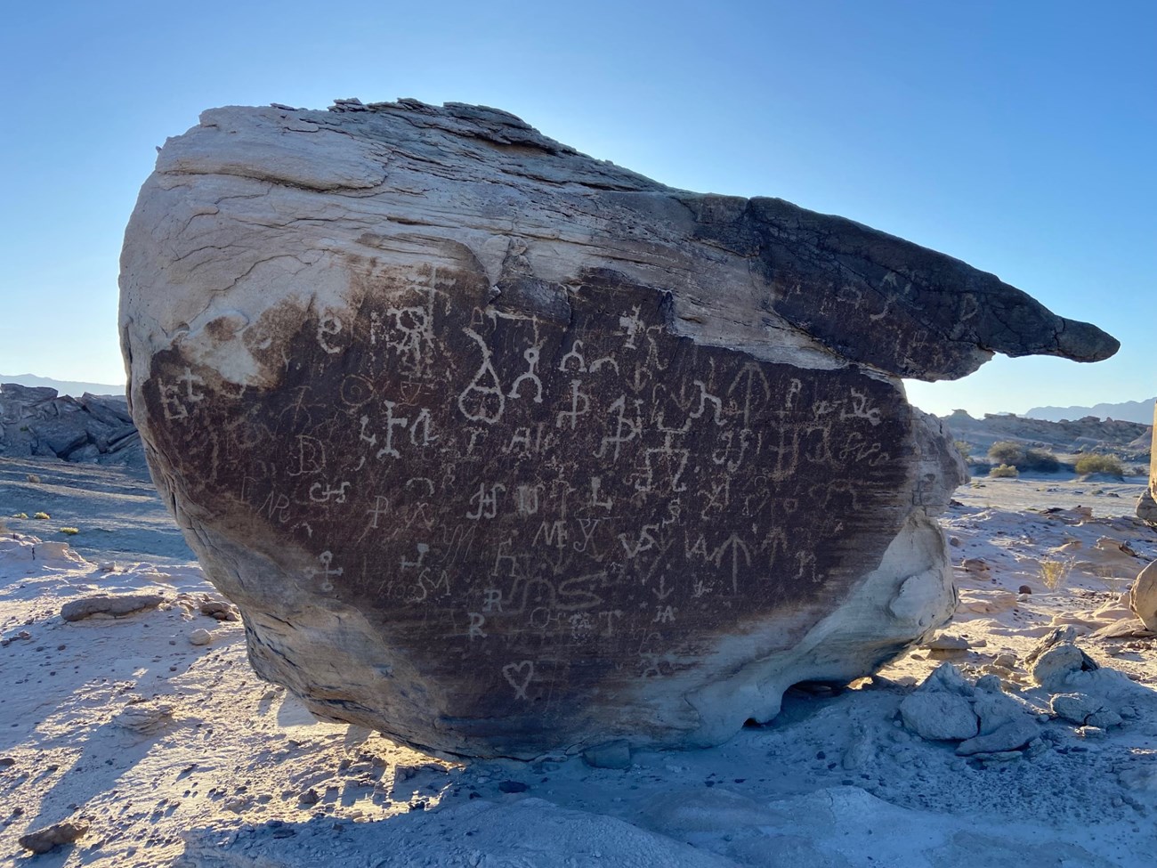 Photo of a large boulder with rock art inscriptions.
