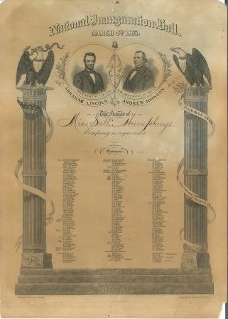Ornate printed invitation showing likenesses of Abraham Lincoln and Andrew Johnson at top a list of names. Eagles perch across two columns on either side of the text. At the top is written, “National Inauguration Ball.”