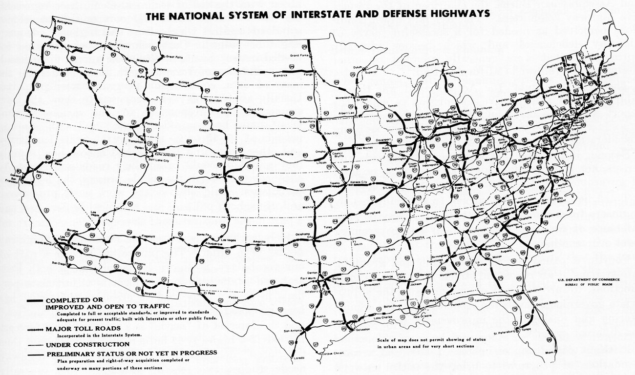 A black and white map of the USA showing interstate highways in 1963.